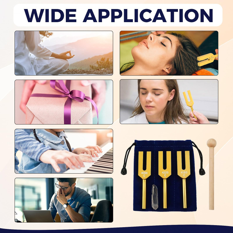 Medicínska nervová ladená vidlička s frekvenciami 4096C, 4225C a 4160C, obsahuje kladivo na ladenie a krištáľový kameň