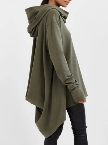 Τοπ με κουκούλα σε στυλ μανδύα, μακριά μανίκια, ψηλή λαιμόκοψη, μεσαίου βάρους ανάμειξη πολυεστέρα-ελαστάνης, μονόχρωμο σχέδιο