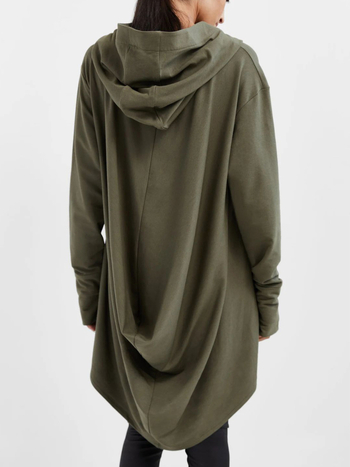 Τοπ με κουκούλα σε στυλ μανδύα, μακριά μανίκια, ψηλή λαιμόκοψη, μεσαίου βάρους ανάμειξη πολυεστέρα-ελαστάνης, μονόχρωμο σχέδιο