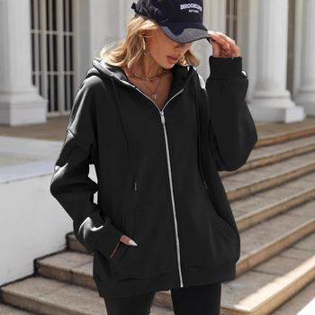 Дамско яке с цип и качулка, корейски стил кардиган, свободен силует, памучна смес