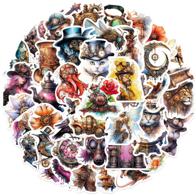 Set naljepnica – akvarelni steampunk grafiti za gitaru, prijenosno računalo i kovčeg; Marke: Pick-up; Ljepljivost: Da; IP dozvola: Ne; Stil: Slatko; Ispis