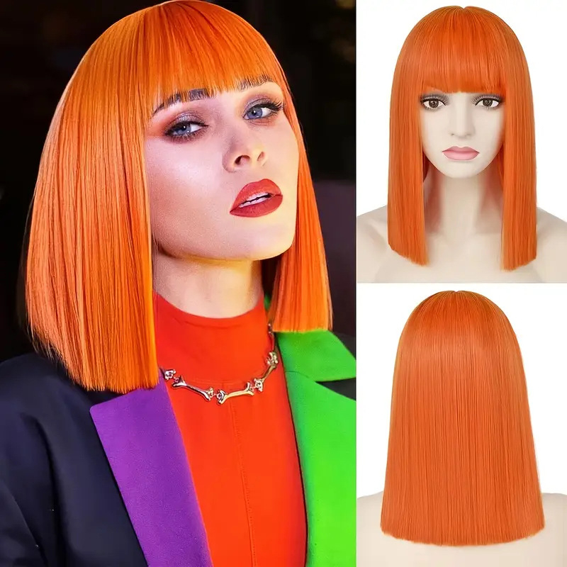 Перука за къса права коса, модел Bangs Bob – изкуствено влакно с висока температура, механизъм, ресни Qi, без боядисване и без пермване