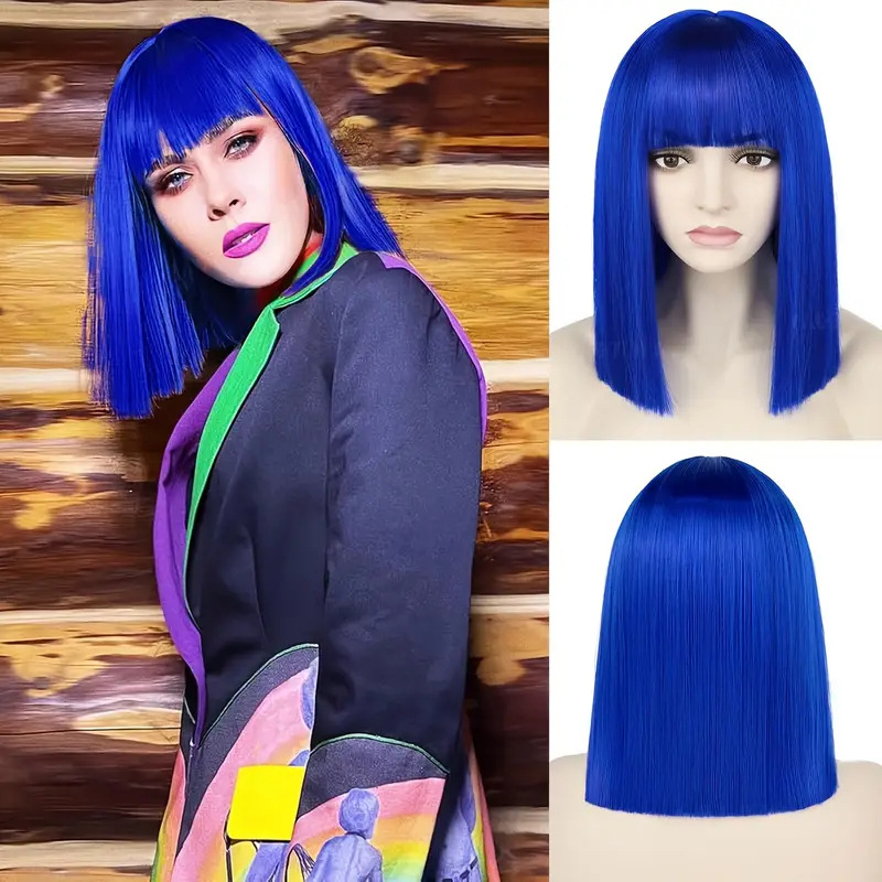 Перука за къса права коса, модел Bangs Bob – изкуствено влакно с висока температура, механизъм, ресни Qi, без боядисване и без пермване