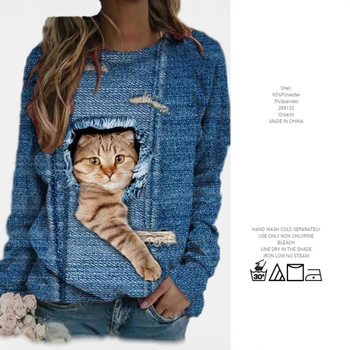 Tričko s mačacím vzorom, okrúhlym výstrihom, dlhé rukávy, pulórový štýl; polyester 95%+ s elastanom ≤30%