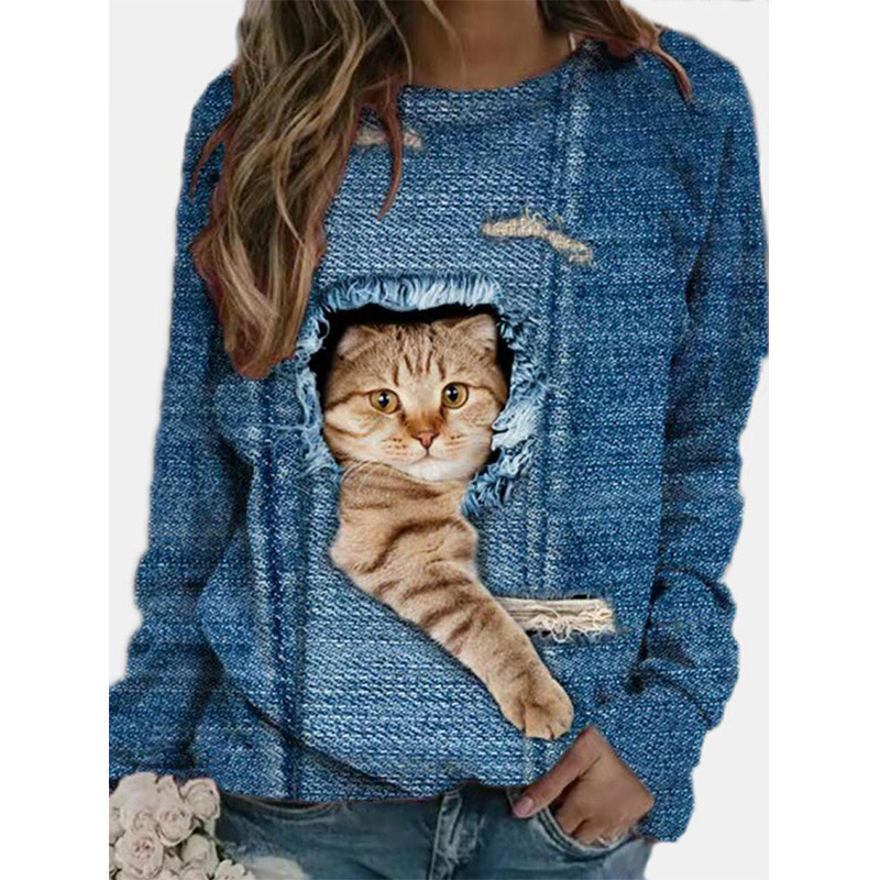 Tričko s mačacím vzorom, okrúhlym výstrihom, dlhé rukávy, pulórový štýl; polyester 95%+ s elastanom ≤30%