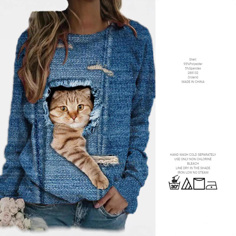 Tričko s mačacím vzorom, okrúhlym výstrihom, dlhé rukávy, pulórový štýl; polyester 95%+ s elastanom ≤30%