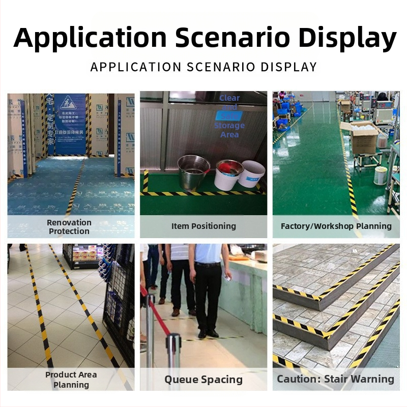 PE varovná páska pre bezpečnosť na stavbe a označovanie podláh; lepidlo na báze gumy; papierové jadro; teplotný rozsah -50 až 100°C; ľahko odstraňuje bez zvyškov lepidla