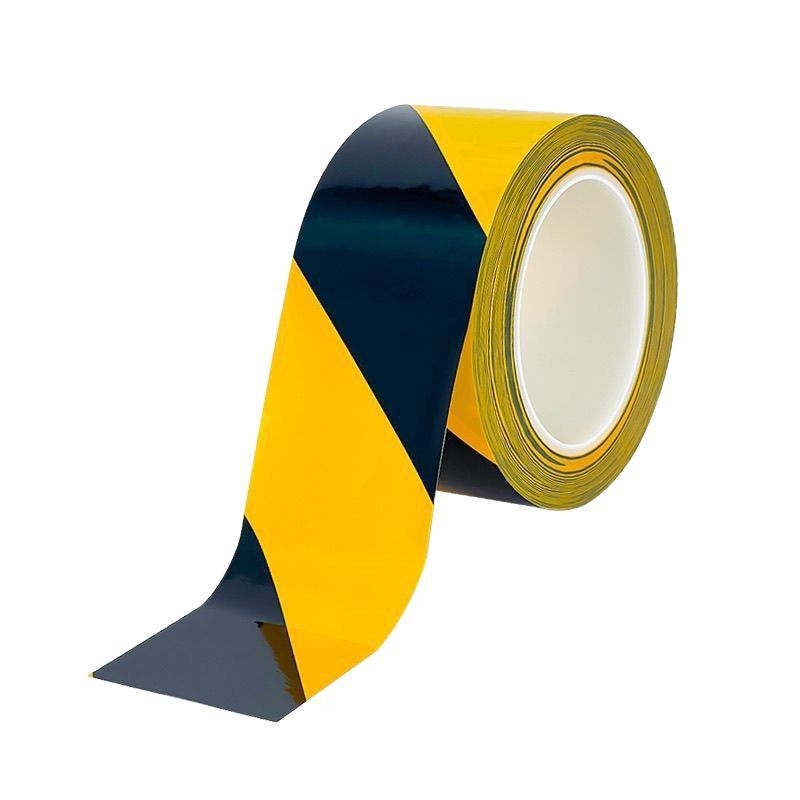 PE brīdinājuma lente būvniecības drošībai un grīdas marķējumam; gumijas bāzes līmējums; papīra kodols; temperatūras diapazons -50°C līdz 100°C; viegli noņemama bez līmes atlikumiem