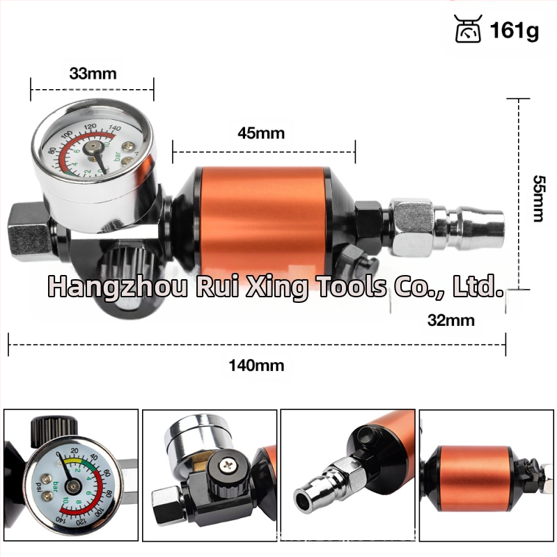 Пистолет за пръскане: регулатор на налягането с масло-воден сепаратор и въздушен филтър (тегло 0,2 кг)