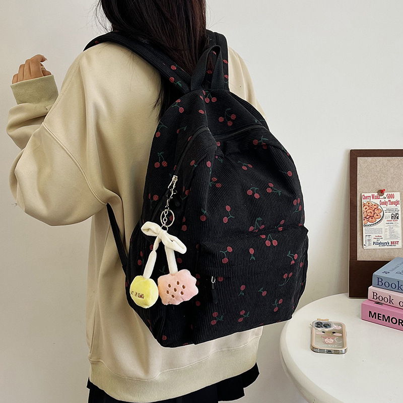 Ruksak v kórejskom štýle s tlačou čerešní, Harajuku inšpirovaný dizajn, corduroy batoh so zipsom, polyesterová podšívka, vrecko na identifikačnú kartu