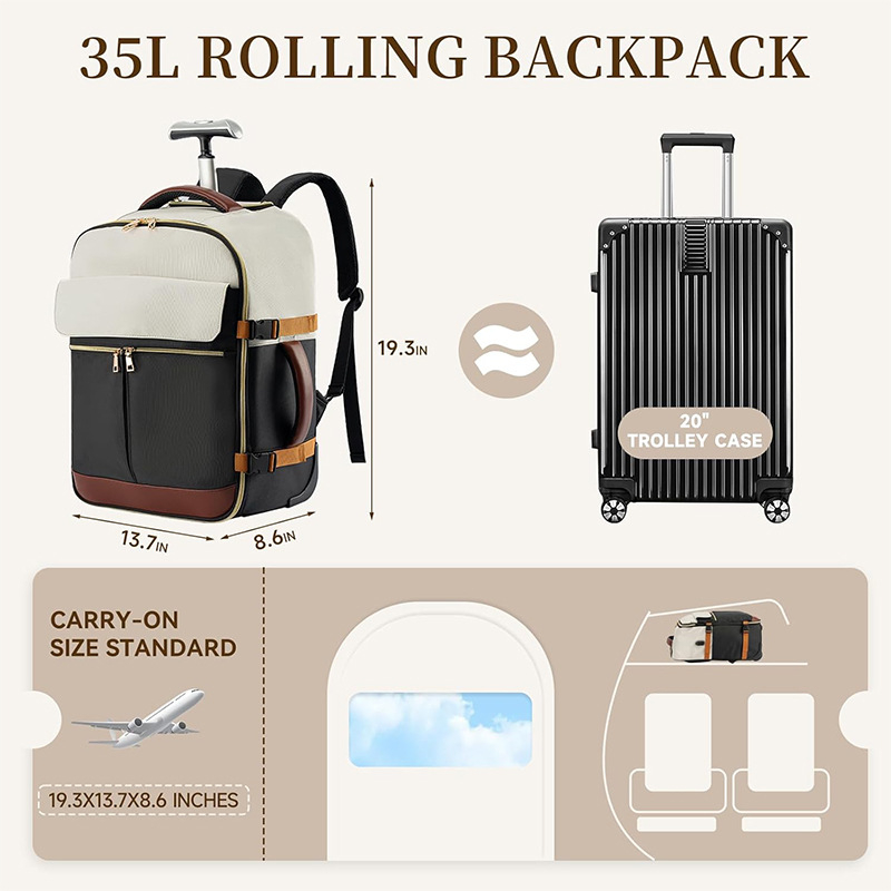 Unisex ratinė kuprinė su teleskopine rankena, Oxford audinys, 20–35 L, nešiojamojo kompiuterio kišenė, dvigubi dirželiai