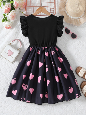 Φόρεμα για κορίτσια, γραμμή Α, εκτύπωση με αρκουδάκι-καρδιά, 100% πολυεστέρας, καλοκαίρι