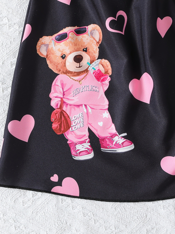 Φόρεμα για κορίτσια, γραμμή Α, εκτύπωση με αρκουδάκι-καρδιά, 100% πολυεστέρας, καλοκαίρι