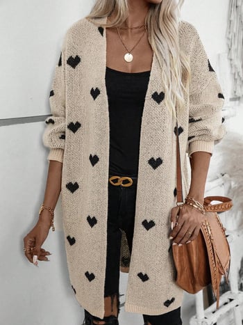 Dlhý dámsky cardigan s Love žakardovým vzorom (Polyester 95%+, voľný strih, V-krk, dĺžka 80–100 cm)