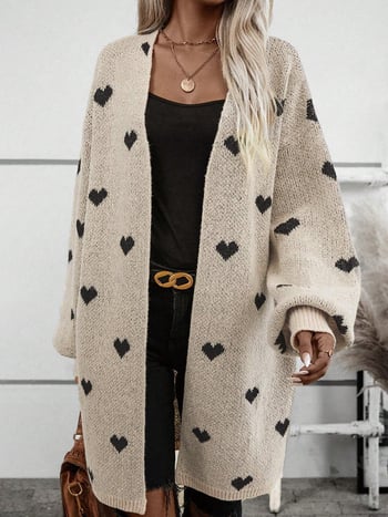 Dlhý dámsky cardigan s Love žakardovým vzorom (Polyester 95%+, voľný strih, V-krk, dĺžka 80–100 cm)