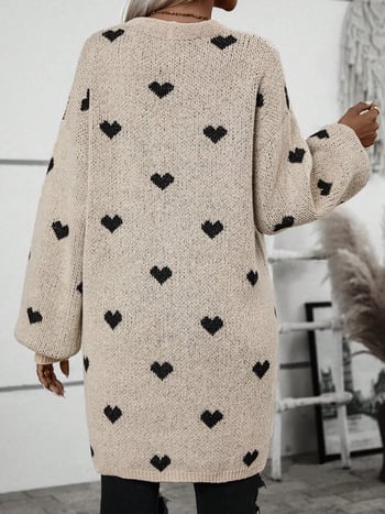 Dlhý dámsky cardigan s Love žakardovým vzorom (Polyester 95%+, voľný strih, V-krk, dĺžka 80–100 cm)