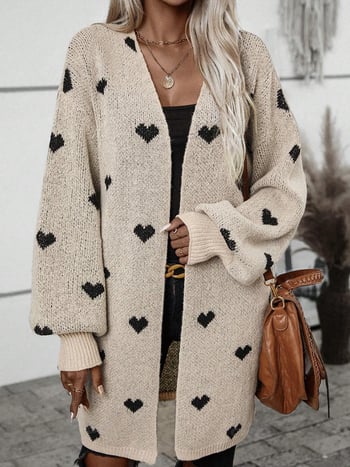 Dlhý dámsky cardigan s Love žakardovým vzorom (Polyester 95%+, voľný strih, V-krk, dĺžka 80–100 cm)