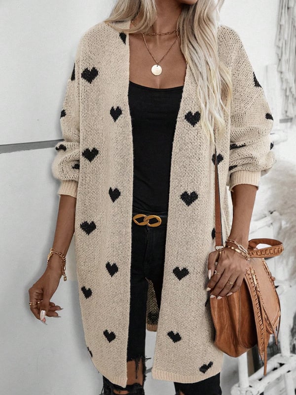 Dlhý dámsky cardigan s Love žakardovým vzorom (Polyester 95%+, voľný strih, V-krk, dĺžka 80–100 cm)
