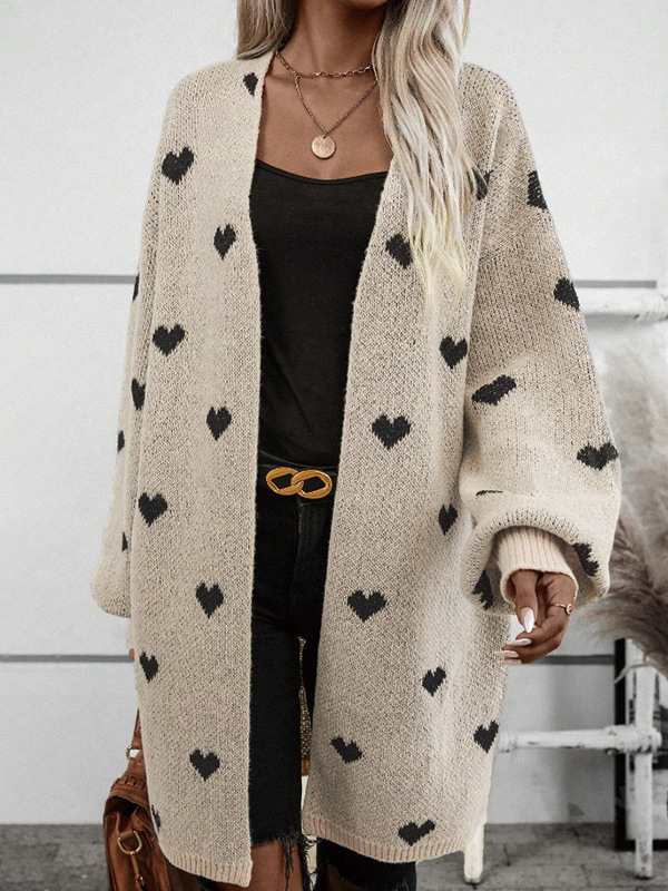 Dlhý dámsky cardigan s Love žakardovým vzorom (Polyester 95%+, voľný strih, V-krk, dĺžka 80–100 cm)