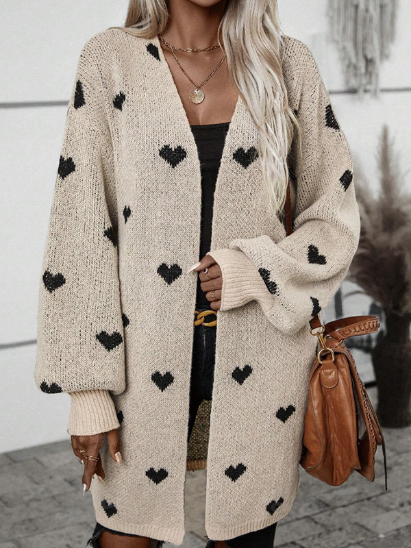 Dlhý dámsky cardigan s Love žakardovým vzorom (Polyester 95%+, voľný strih, V-krk, dĺžka 80–100 cm)