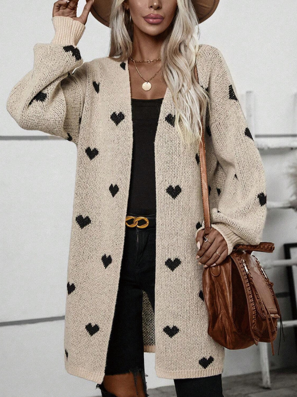 Dlhý dámsky cardigan s Love žakardovým vzorom (Polyester 95%+, voľný strih, V-krk, dĺžka 80–100 cm)