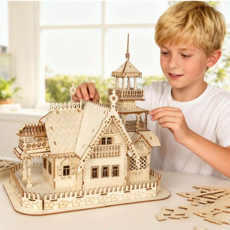 3D medinis dėlionės rinkinys – vilos modelis, amžiaus 7–14 metų, STEM švietimo žaislas