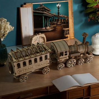 Ξύλινο παζλ 3D με ατμομηχανή τρένο – συναρμολογούμενος μηχανικός μοντέλο για ηλικίες 7–14 ετών