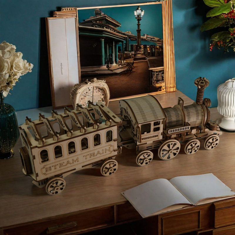 Drveni 3D puzzle parni vlak – sastavljeni mehanički model za uzrast 7–14 godina