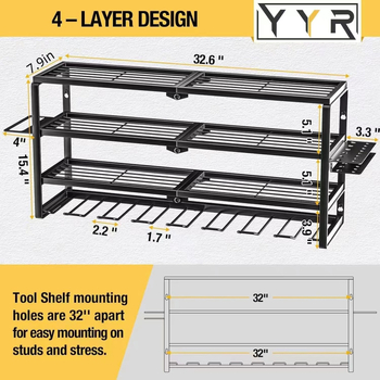 Τοίχος-ραφιέρα αποθήκευσης εργαλείων γκαράζ, μεταλλική, 4 επίπεδα, βιδωτή εγκατάσταση, πτυσσόμενη και φορητή, πολυλειτουργικός οργανωτής εργαλείων