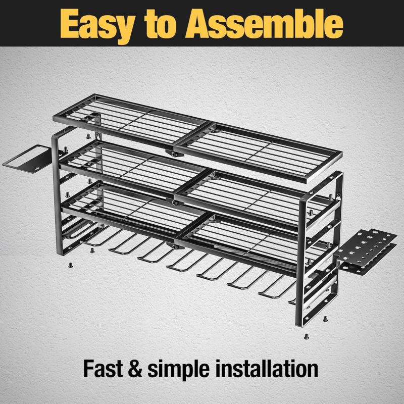 Стенно държач-органайзер за гаражни инструменти, метален, 4 нива, монтаж със винтове, сгъваем и преносим, мултифункционален