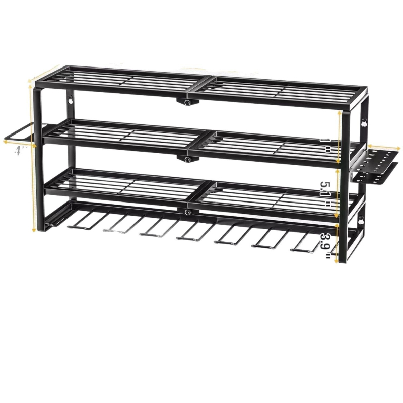 Стенно държач-органайзер за гаражни инструменти, метален, 4 нива, монтаж със винтове, сгъваем и преносим, мултифункционален