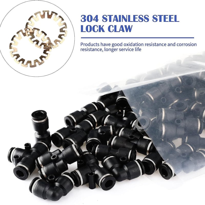 Комплект пневматични конектори Push-In за въздух, 60 броя, бързо освобождаване, неръждаема стомана 304+316, монтаж чрез заключваща гайка, Mengyao Pneumatic