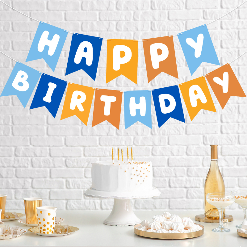 Gimtadienio raidžių vimpelis, popierinė vimpelė, pirmosios gimtadienio dekoracijos; be stiebo; pakuotė Opp maišelis; logotipo spausdinimas įmanomas