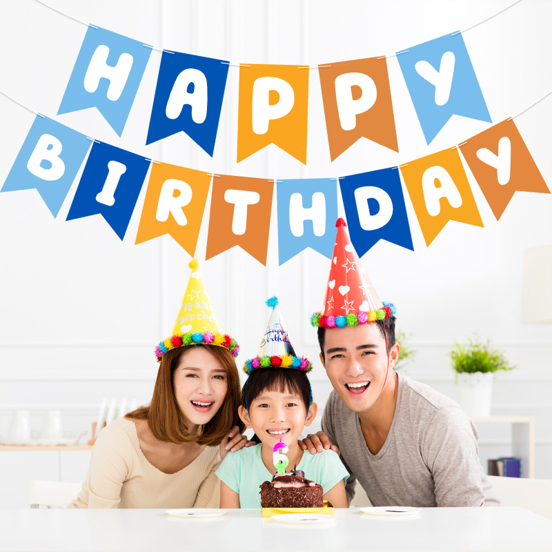 Gimtadienio raidžių vimpelis, popierinė vimpelė, pirmosios gimtadienio dekoracijos; be stiebo; pakuotė Opp maišelis; logotipo spausdinimas įmanomas