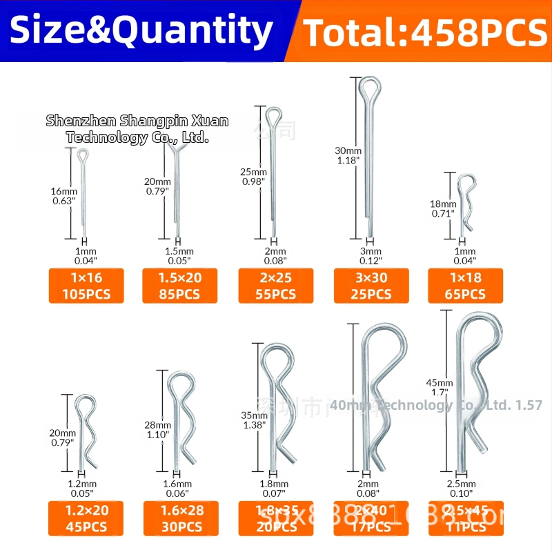 Комплект разделителни щифтове, 458 броя, прави и R-образни, от неръждаема стомана и галванизирана стомана, Shangpinxuan GB97