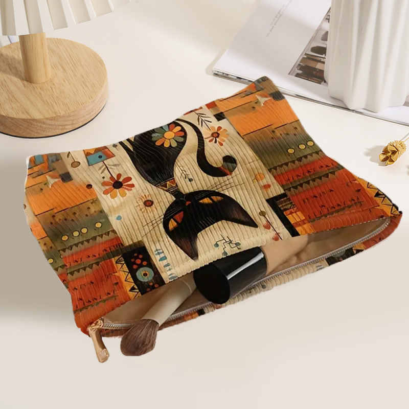 Козметична чанта Corduroy с ръчно рисуван ретро мотив, голям капацитет, дишаща, ултралека и разширяваща се, подплата от полиестер.