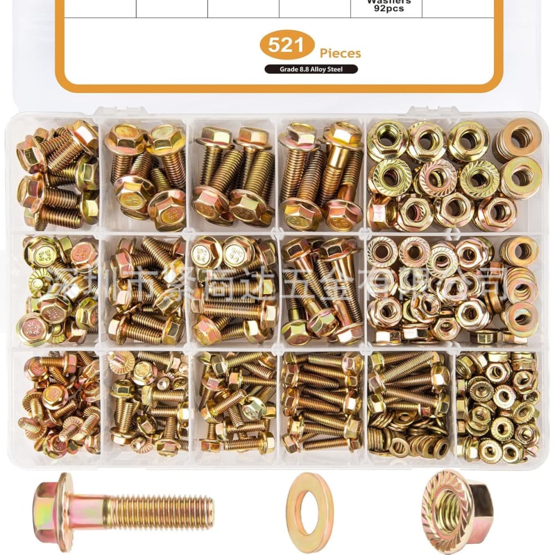 Set vijaka i matica s vanjskom šestokutnom glavom i prirubnicom, 521 kom., čelik od ugljena, klasa A, GB/T 5789