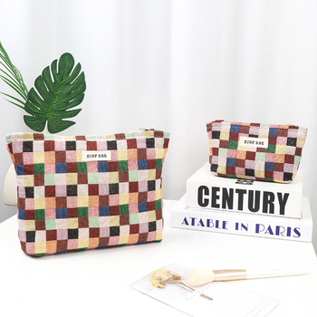 Moteriška kelioninė kosmetinė rankinė su geometriniu raštu, poliesterio išorė, drobės pamušalas, retro stilius, kasdieniam naudojimui