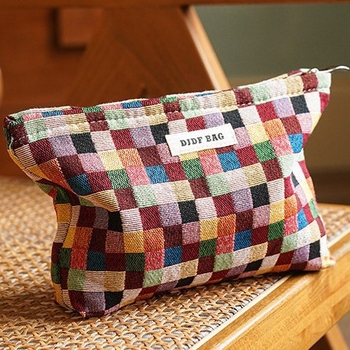 Moteriška kelioninė kosmetinė rankinė su geometriniu raštu, poliesterio išorė, drobės pamušalas, retro stilius, kasdieniam naudojimui