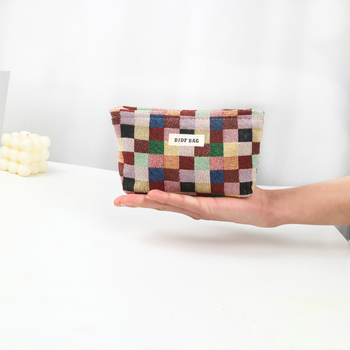 Moteriška kelioninė kosmetinė rankinė su geometriniu raštu, poliesterio išorė, drobės pamušalas, retro stilius, kasdieniam naudojimui