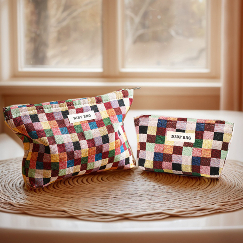 Moteriška kelioninė kosmetinė rankinė su geometriniu raštu, poliesterio išorė, drobės pamušalas, retro stilius, kasdieniam naudojimui