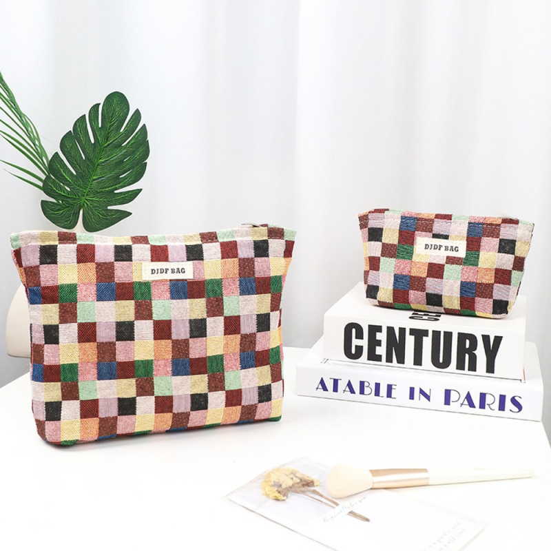 Moteriška kelioninė kosmetinė rankinė su geometriniu raštu, poliesterio išorė, drobės pamušalas, retro stilius, kasdieniam naudojimui