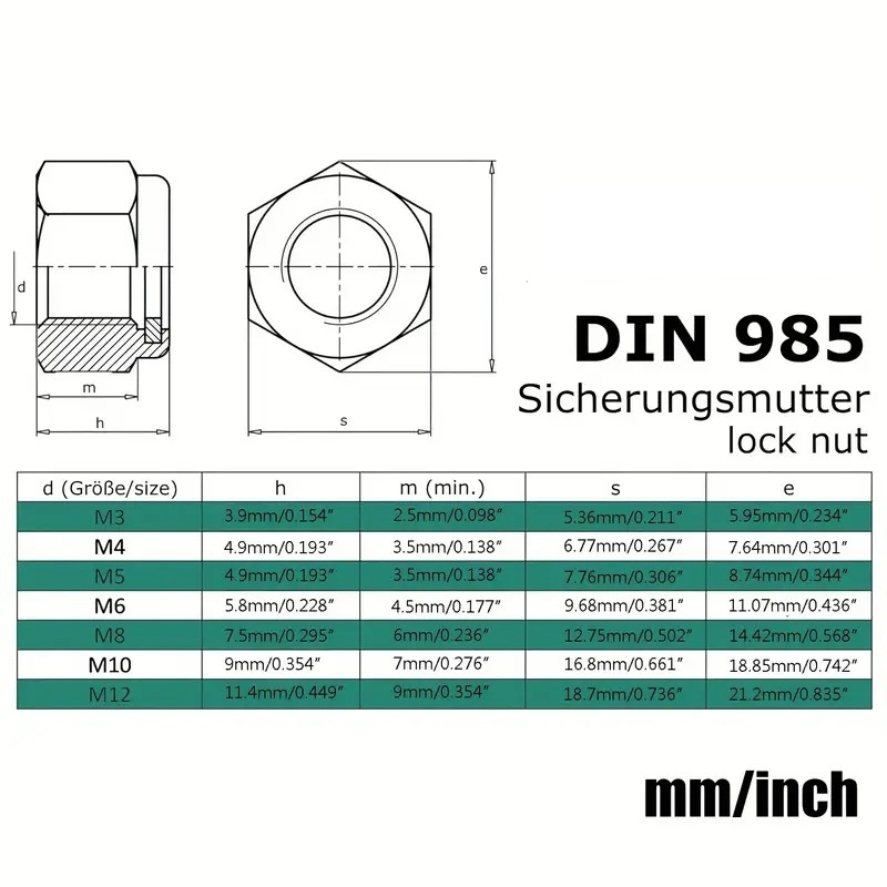 Комплект заключващи гайки от неръждаема стомана с нейлонова вложка, шестоглави гайки, 304, бял финиш, клас А, A2-70