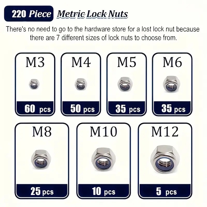 Комплект заключващи гайки от неръждаема стомана с нейлонова вложка, шестоглави гайки, 304, бял финиш, клас А, A2-70