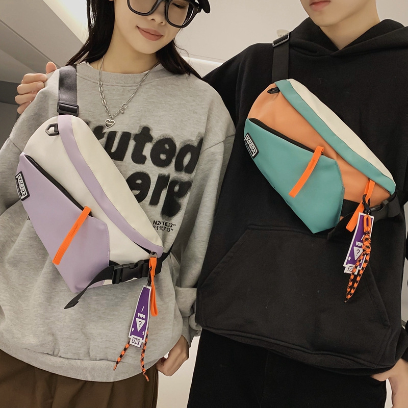 Mellkas táska, nylon, cipzáras zárás, színblokkal mintázott minta, utcai divat, vízálló