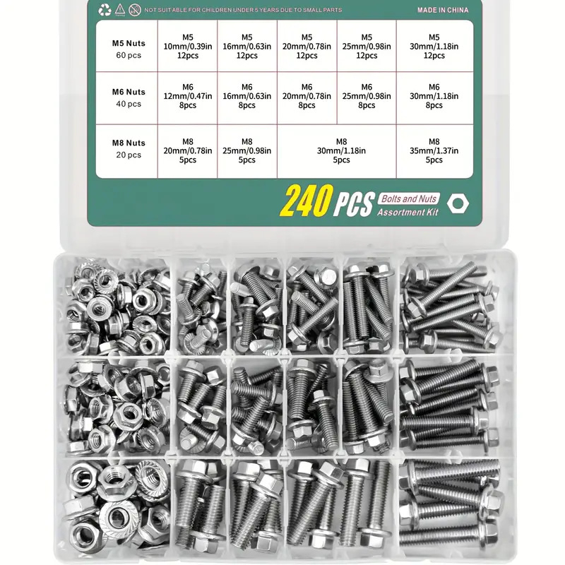 Комплект фланцови винтове с външно шестостенно глава, 304 неръждаема стомана, DIN5789, A2-70, 240 бр.