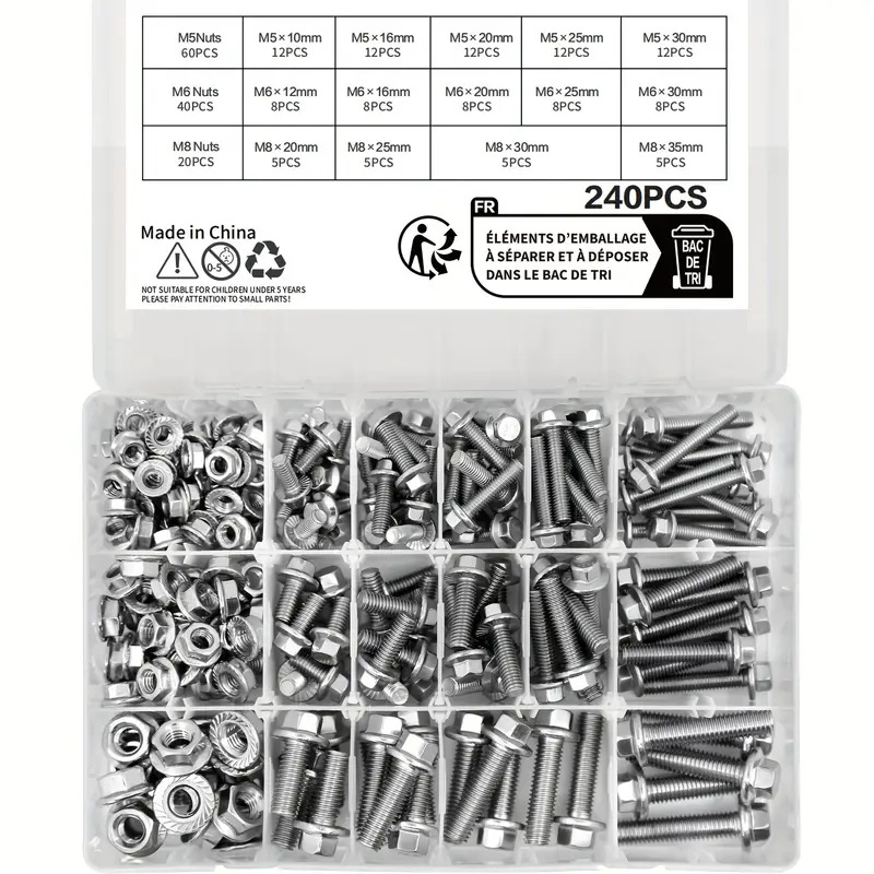 Комплект фланцови винтове с външно шестостенно глава, 304 неръждаема стомана, DIN5789, A2-70, 240 бр.