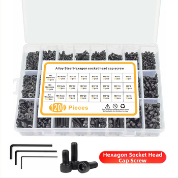 Комплект винтове с цилиндрична глава, шестогранна вложка, въглеродна стомана 8.8, оксидирана повърхност, DIN912-DIN934, 1200 бр., в кутия