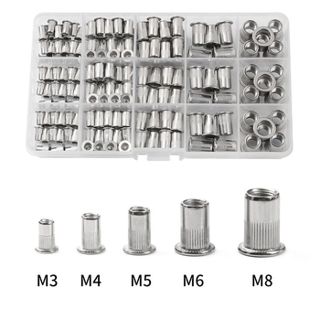 Ανοξείδωτες ριβέτ γείρες pull rivet nuts, με επίπεδη κεφαλή και κάθετες αυλακώσεις, σε συσκευασία 150 τεμαχίων, περιλαμβάνει 1 εργαλείο