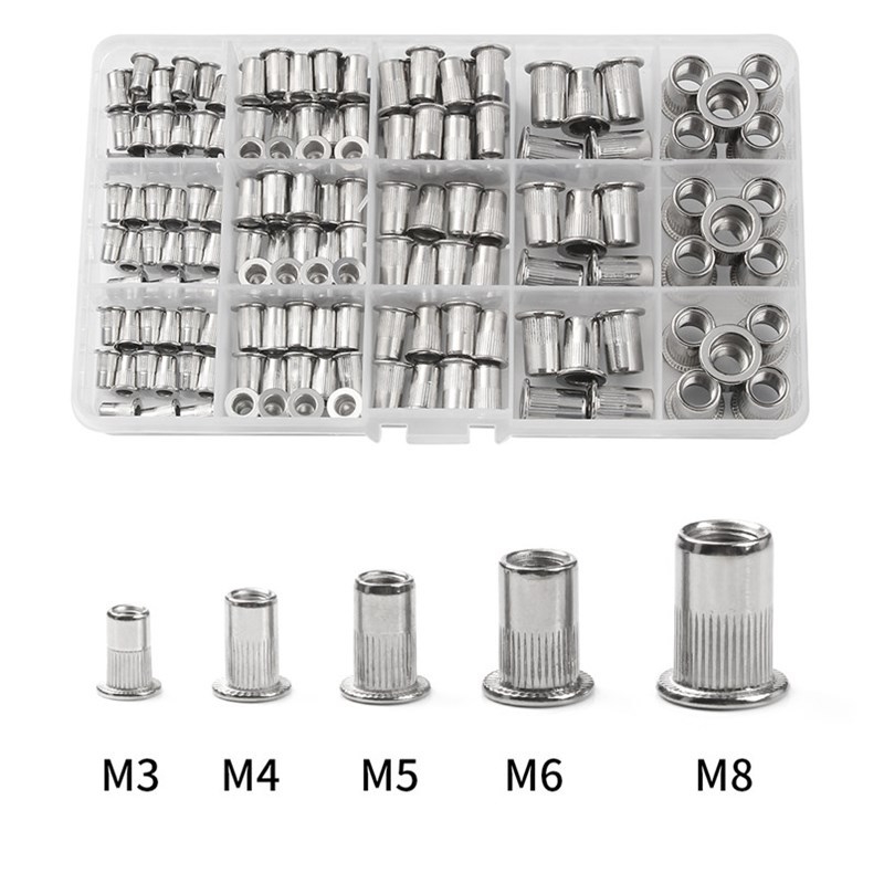 Nehrdzavejúce pull rivet matice s plochou hlavou a vertikálnymi rebrami, 150 ks v krabici, obsahuje 1 nástroj